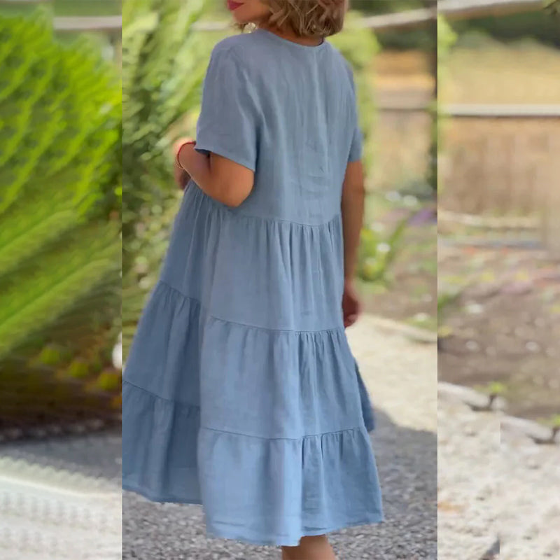 Robe en lin cripes à col V | Une couleur