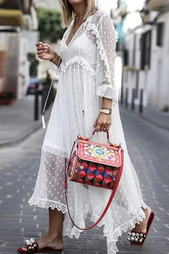 Robe en dentelle à col en V avec lisière fibreuse, décontractée, élégante, unie, à volants