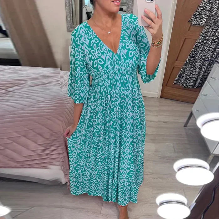 Robe Imprimée à Col En V Et Manches Larges