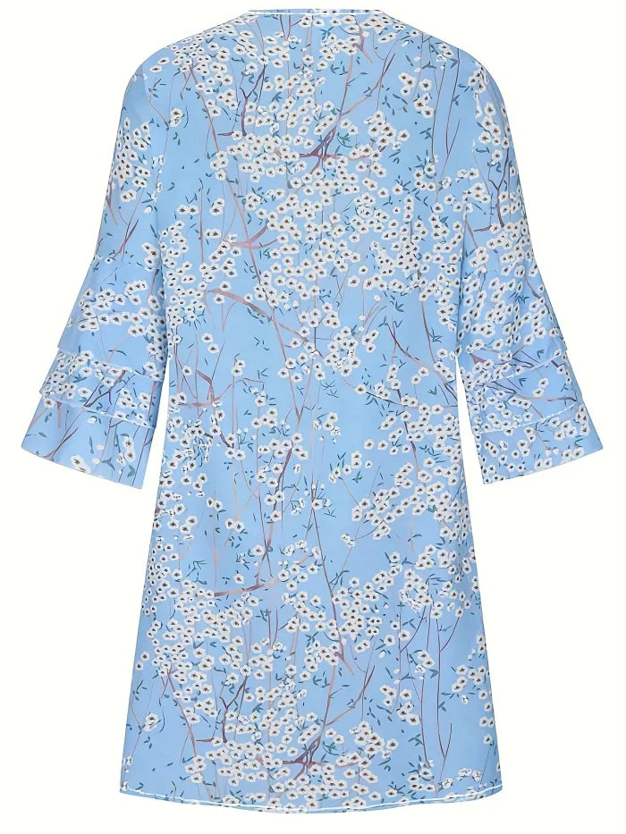 robe à ourlet volant imprimé floral, robe décontractée à col en V et demi-manches, vêtements pour femmes