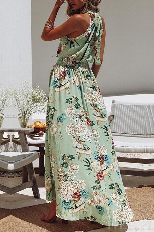 Robe verte à col rond et imprimé floral