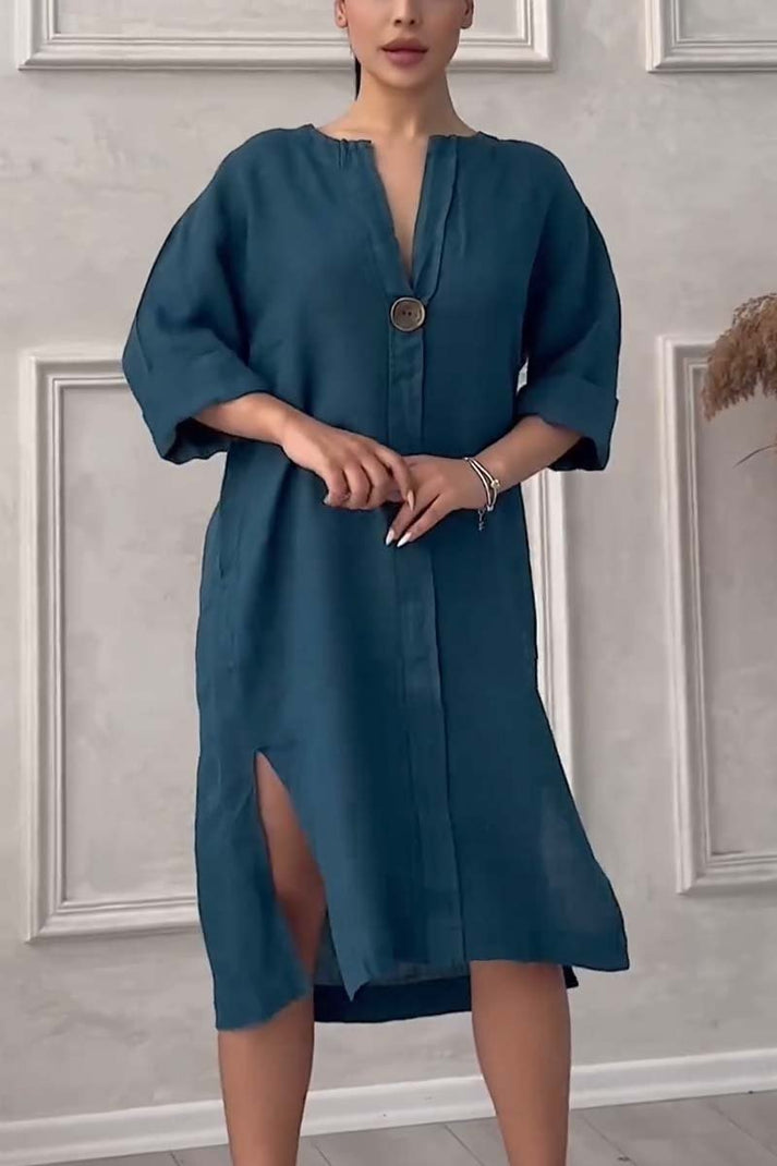 Robe décontractée boutonnée en coton et lin