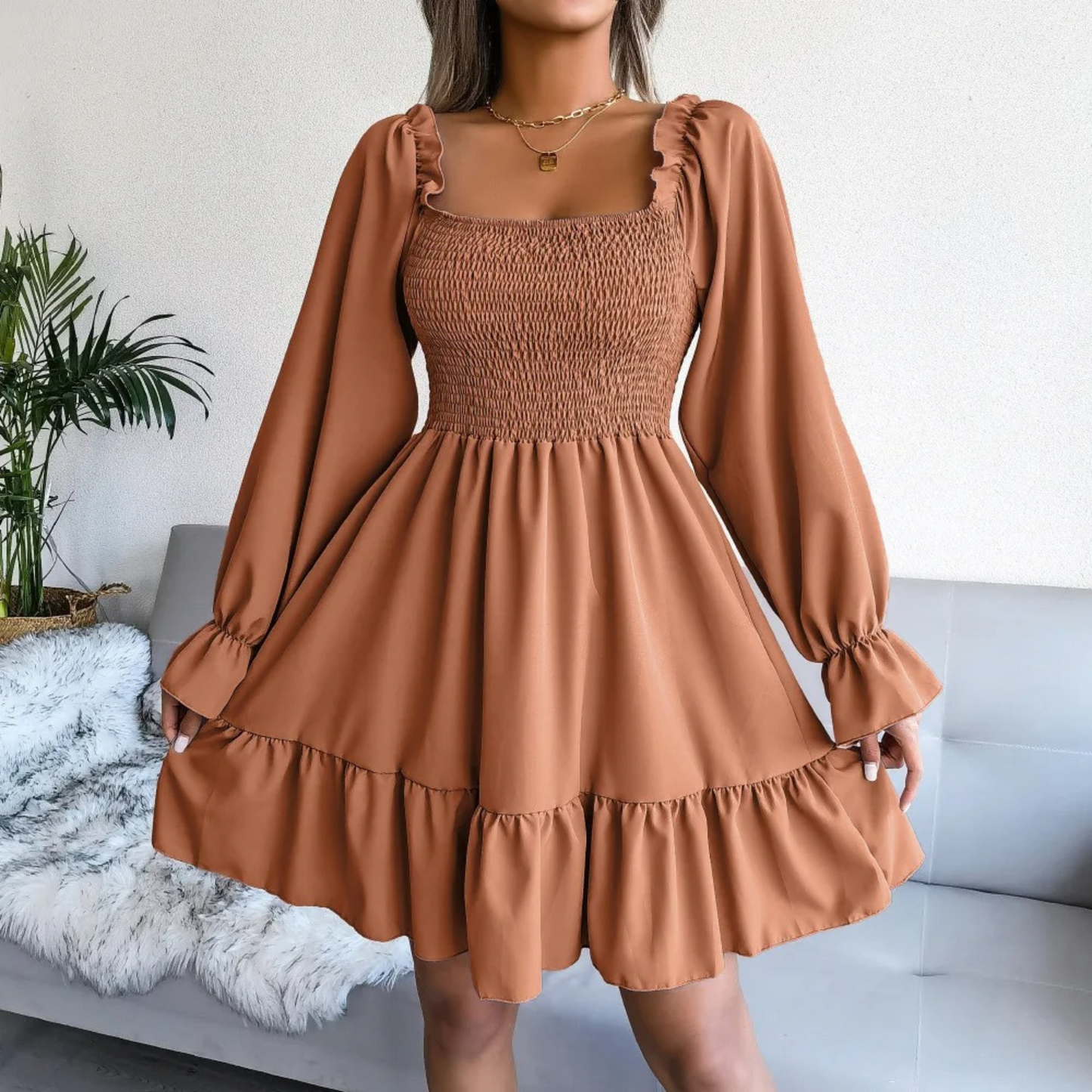 ModeParisienne® Robe d'été courte élastique marron avec col en U