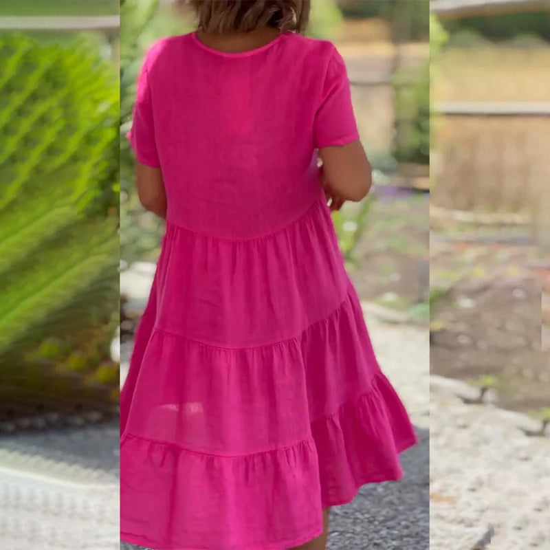 Robe en lin cripes à col V | Une couleur