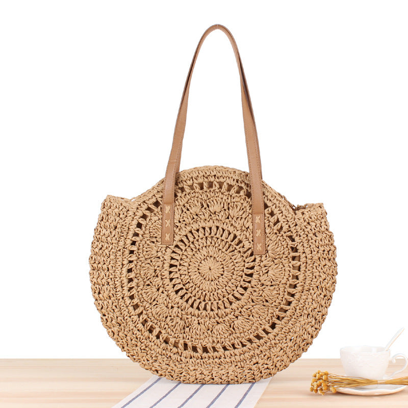 Einfache runde Schultertasche Strohtasche Sommer Strandtaschen