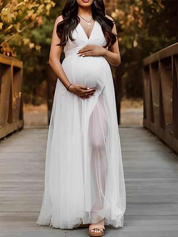 Cripes robes photo fente avant grossesse élégant strap fendu le côté croisé dos tulle décolleté plongeant femme enceinte