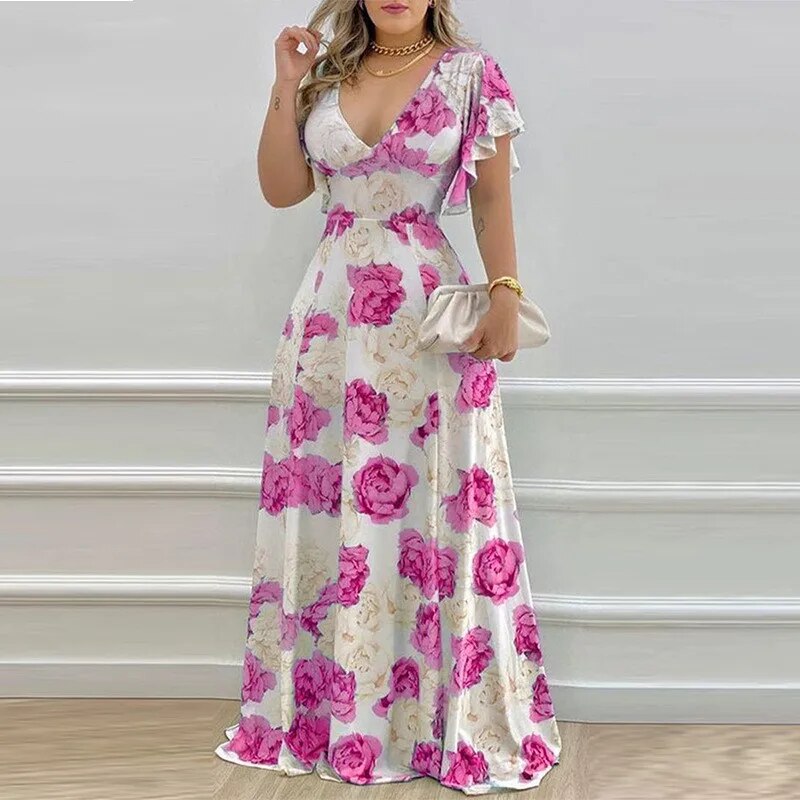 Robe Cripes à col V et motif roses | Ditte