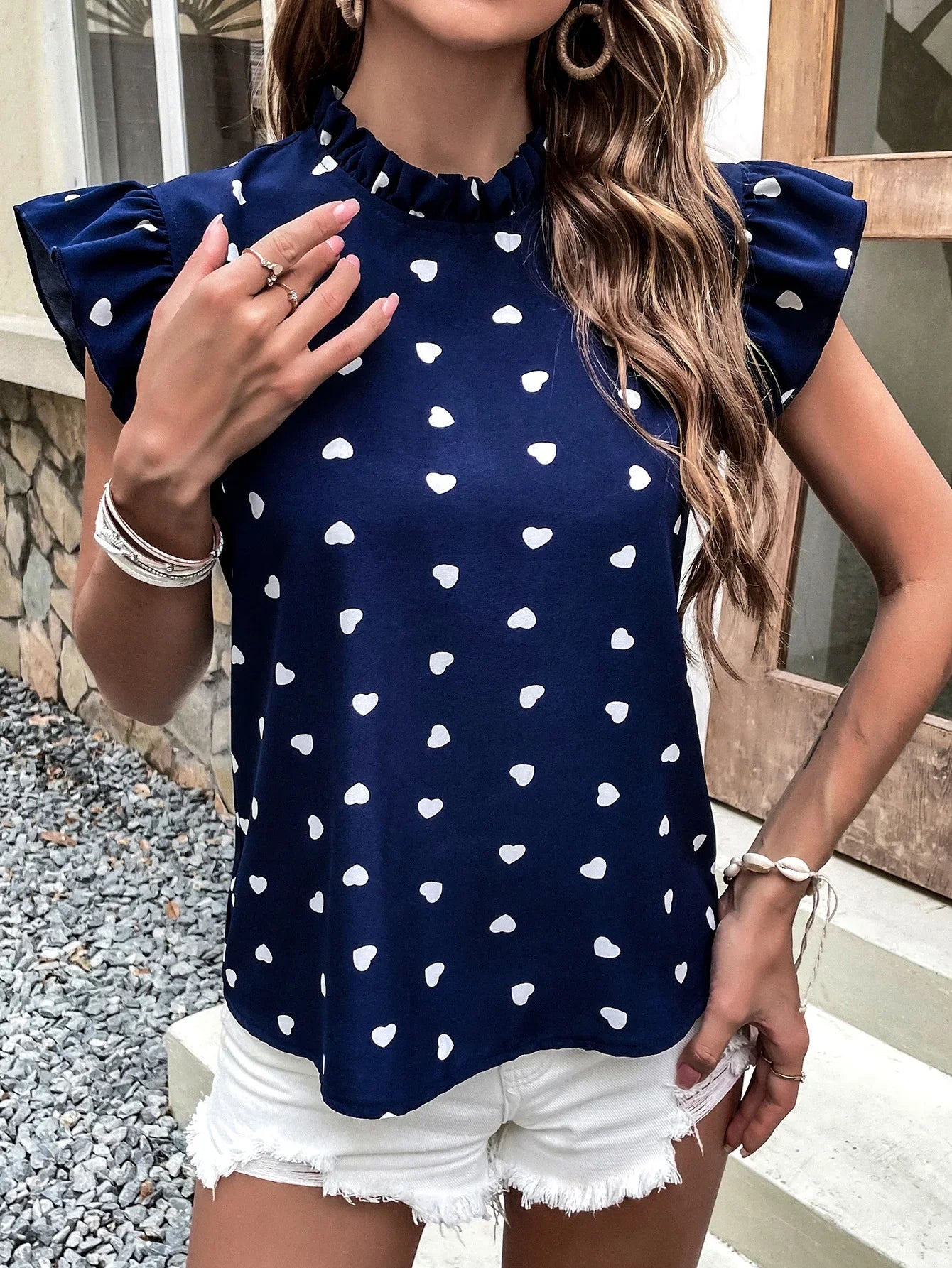 Blouse Cripes à motif coeur et manches papillon | Daphné