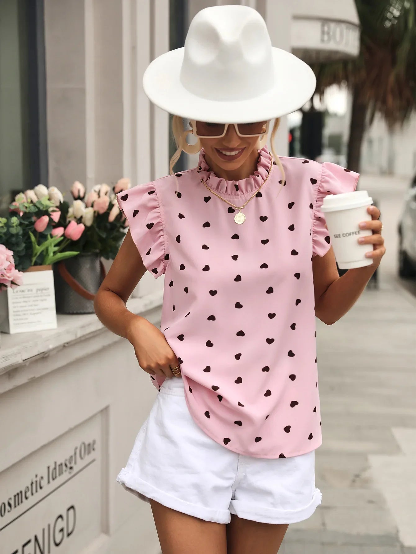 Blouse Cripes à motif coeur et manches papillon | Daphné