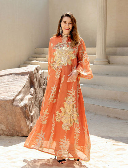 À Paillettes Orange Caftan Femmes Robe Arabe