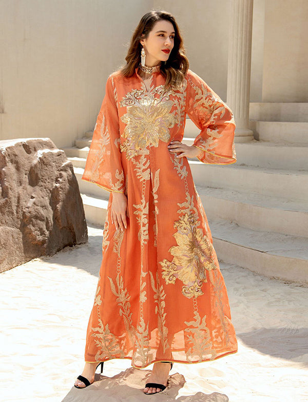 À Paillettes Orange Caftan Femmes Robe Arabe