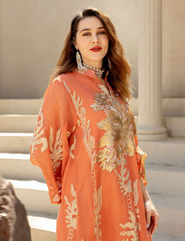 À Paillettes Orange Caftan Femmes Robe Arabe