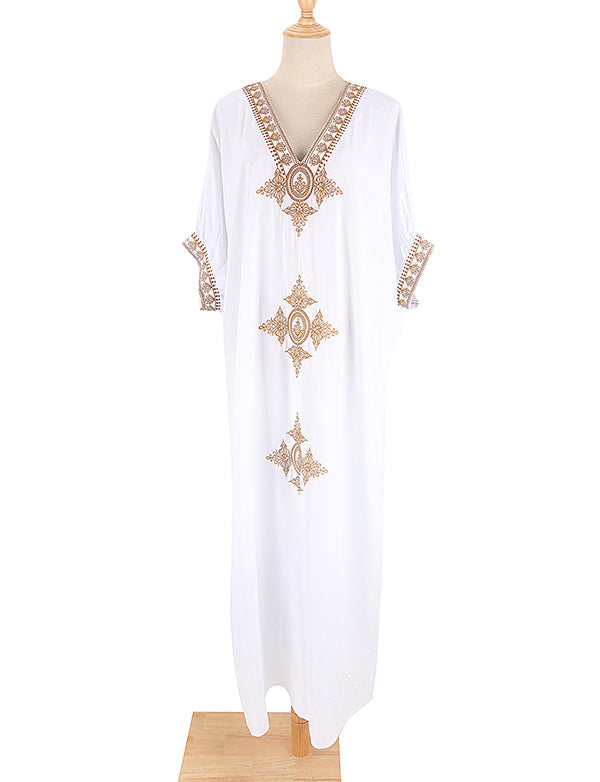 élégant brodé d'or rétro robe blanche à col en V