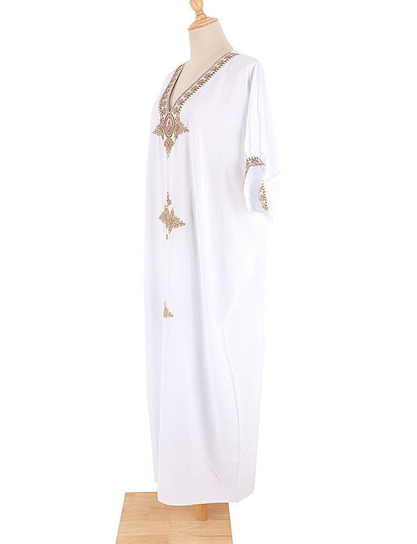 élégant brodé d'or rétro robe blanche à col en V