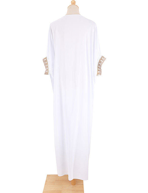 élégant brodé d'or rétro robe blanche à col en V