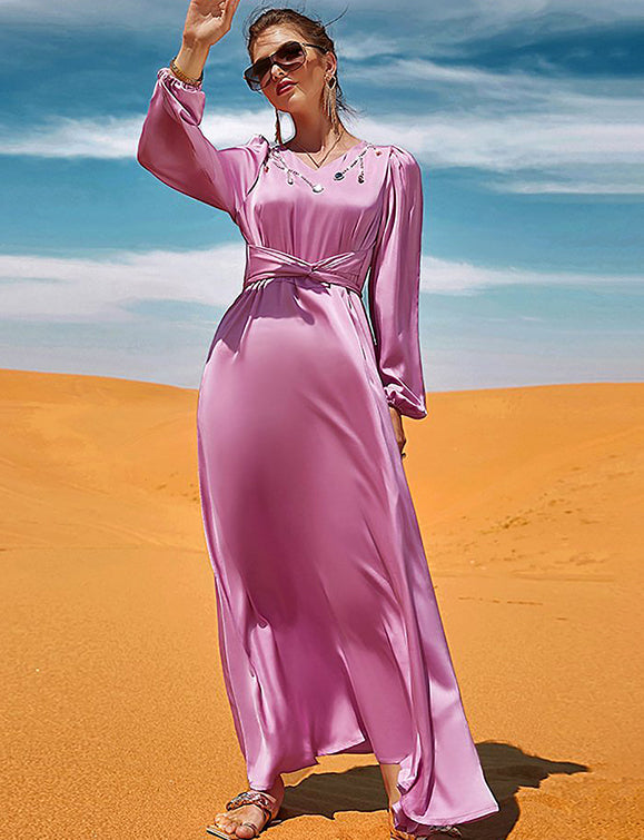 abaya rose à manches longues avec col en V et strass