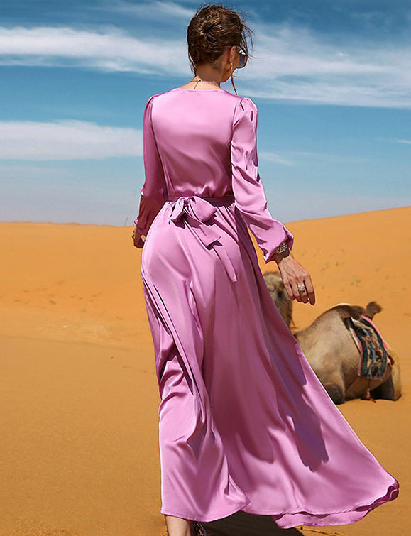 abaya rose à manches longues avec col en V et strass