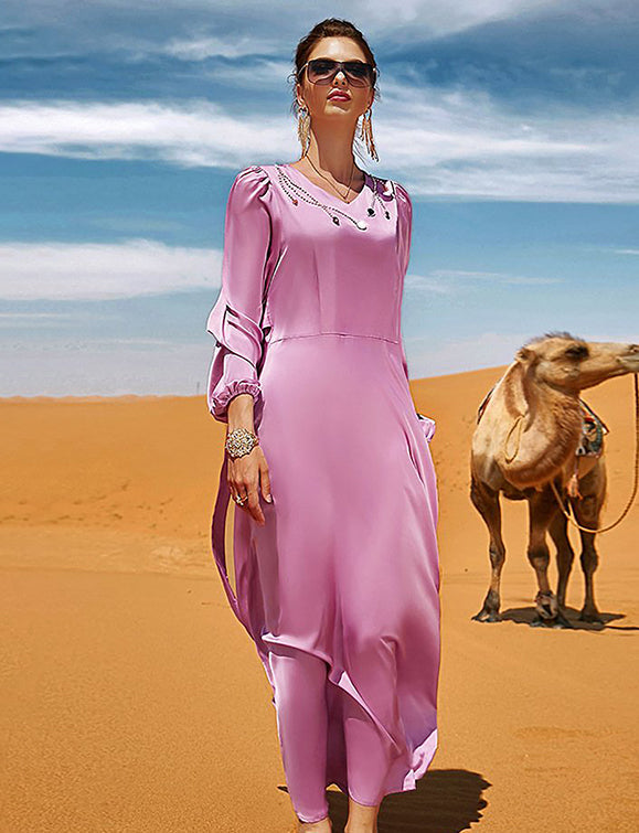 abaya rose à manches longues avec col en V et strass