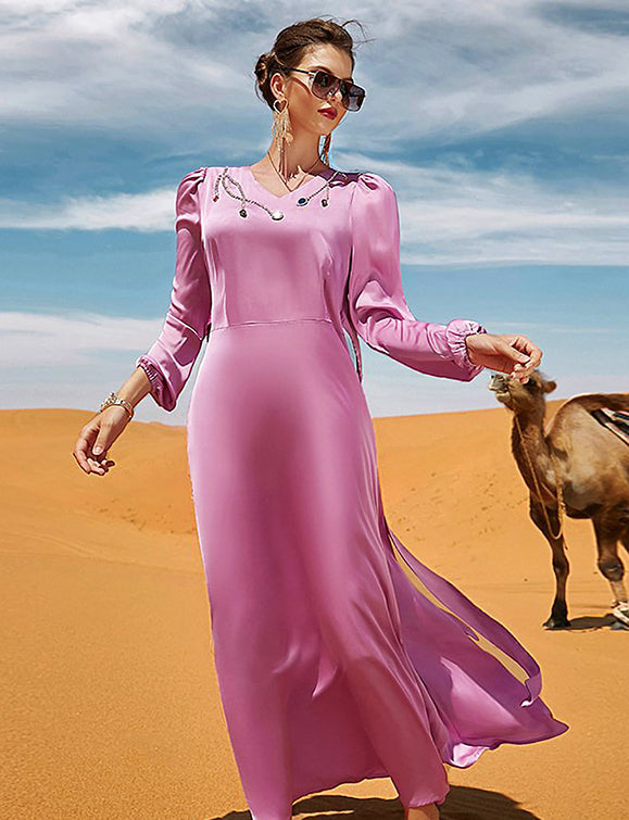 abaya rose à manches longues avec col en V et strass