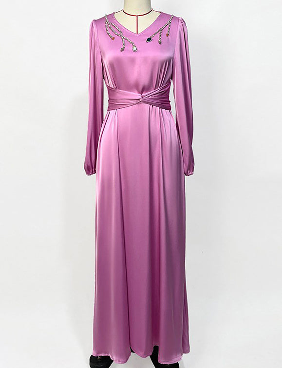 abaya rose à manches longues avec col en V et strass