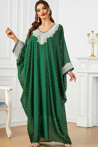 de soirée abaya kaftan à manches chauve-souris à pois blanc vert