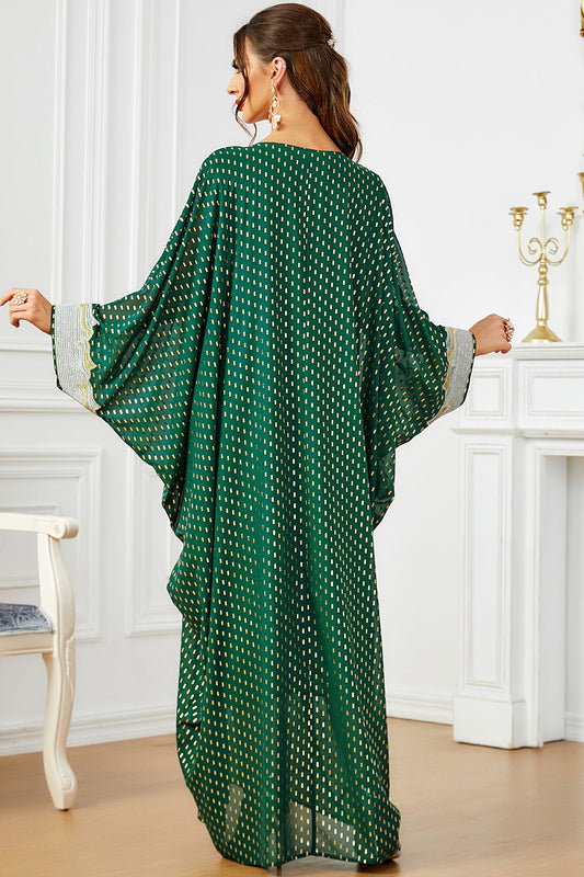 de soirée abaya kaftan à manches chauve-souris à pois blanc vert