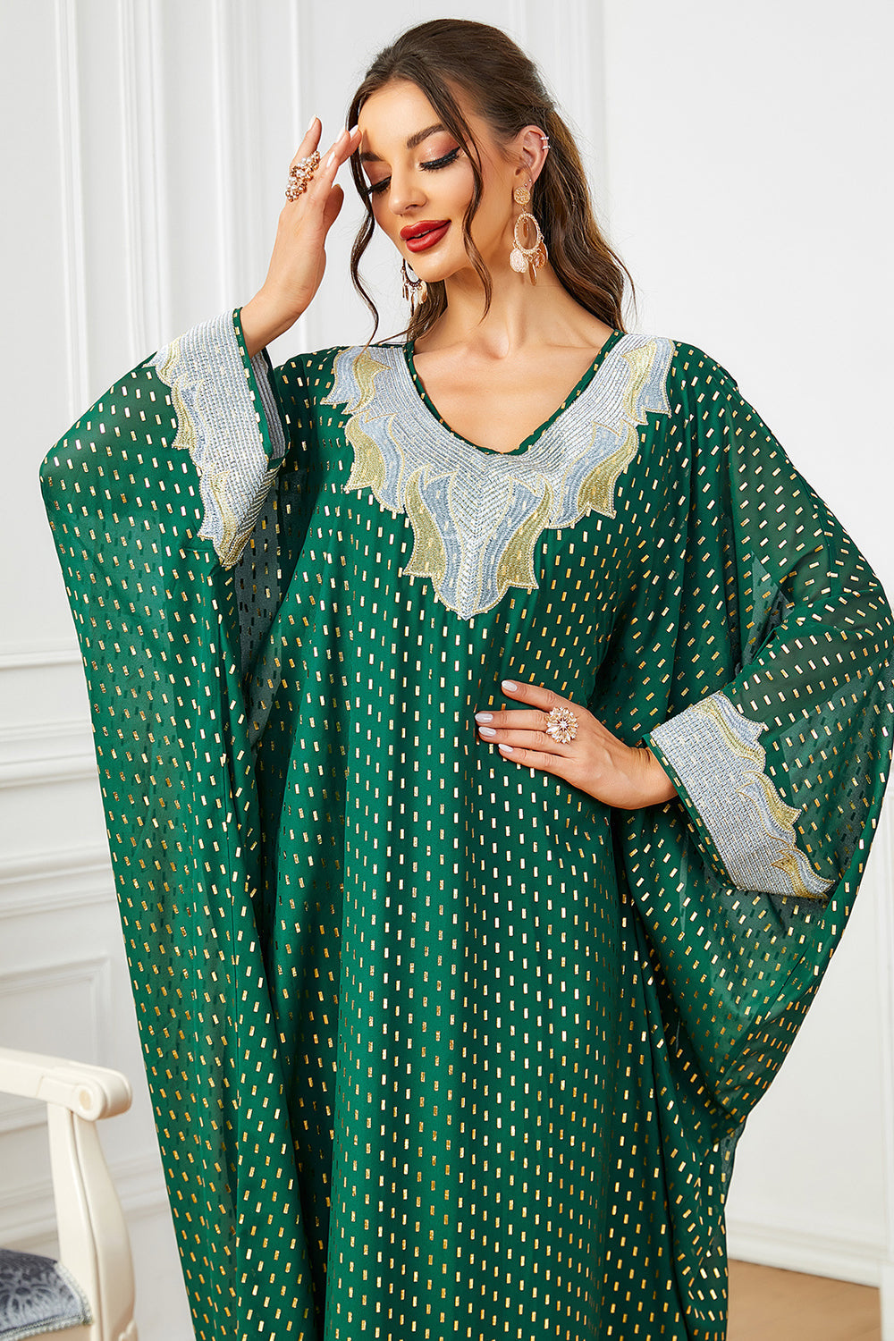 de soirée abaya kaftan à manches chauve-souris à pois blanc vert