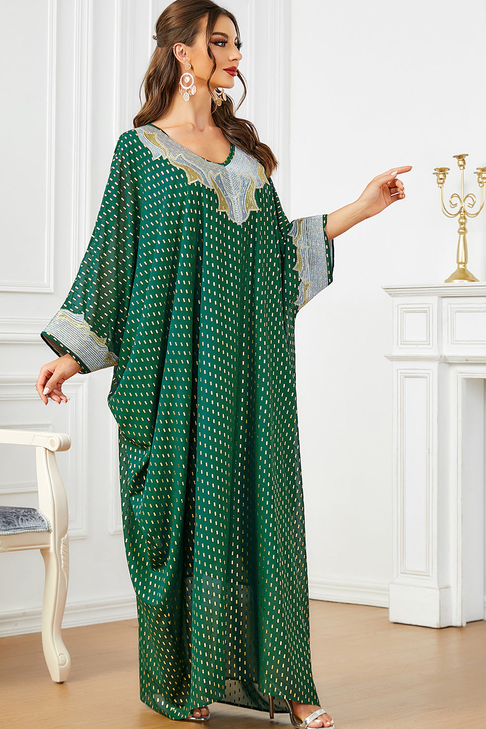 de soirée abaya kaftan à manches chauve-souris à pois blanc vert