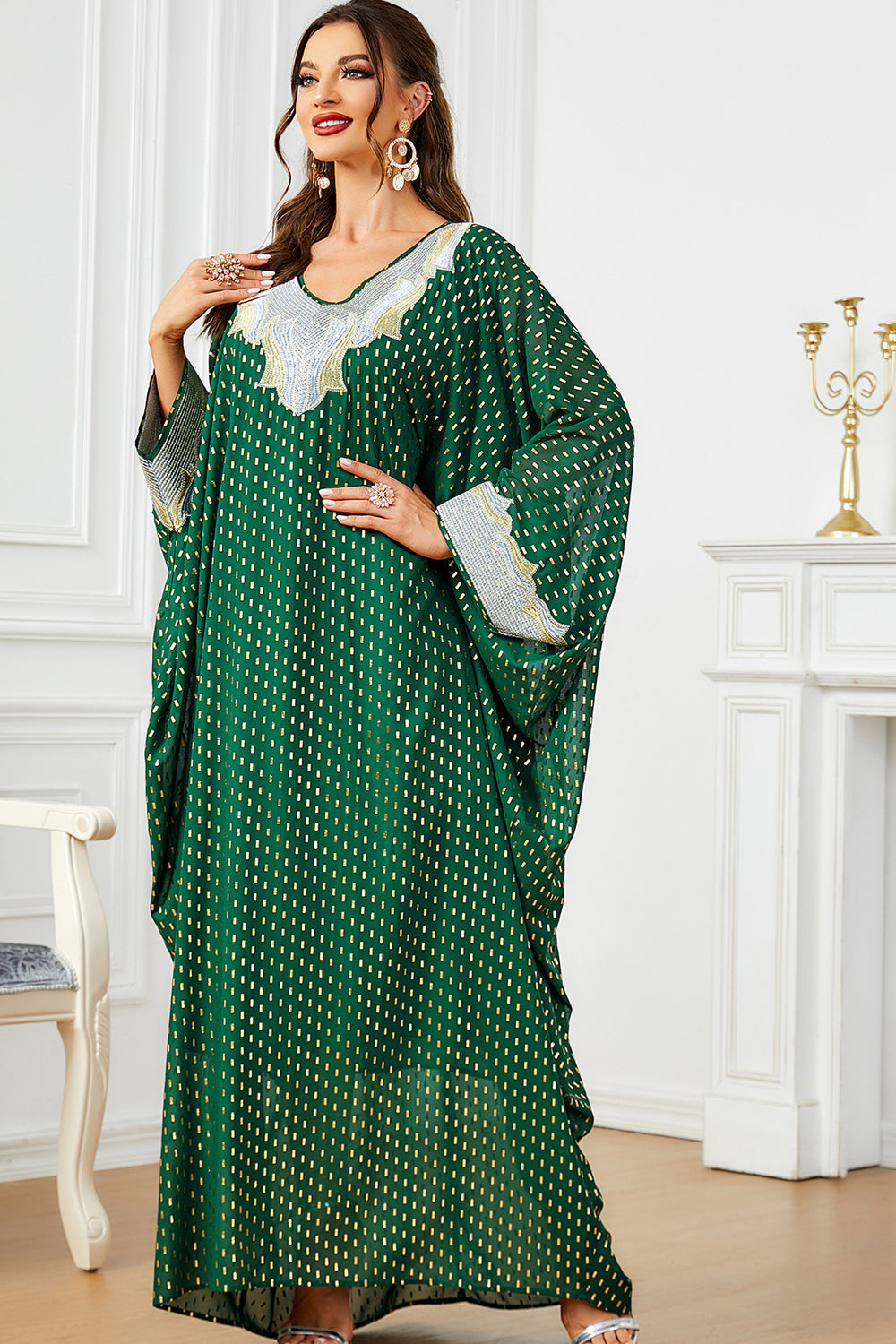 de soirée abaya kaftan à manches chauve-souris à pois blanc vert