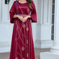 caftan Abaya en mousseline de soie bordeaux à manches longues et perles