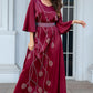 caftan Abaya en mousseline de soie bordeaux à manches longues et perles