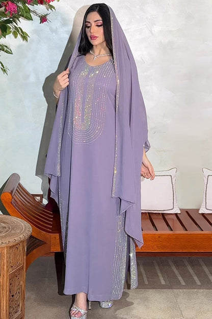 Abaya perlé à manches longues gris violet avec écharpe