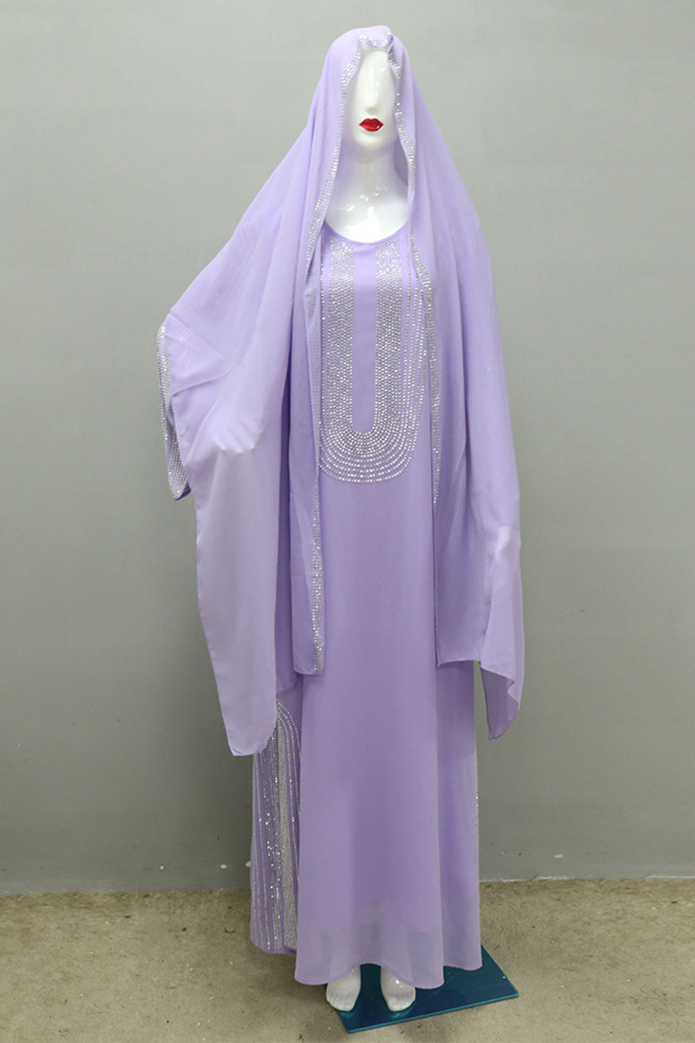 Abaya perlé à manches longues gris violet avec écharpe