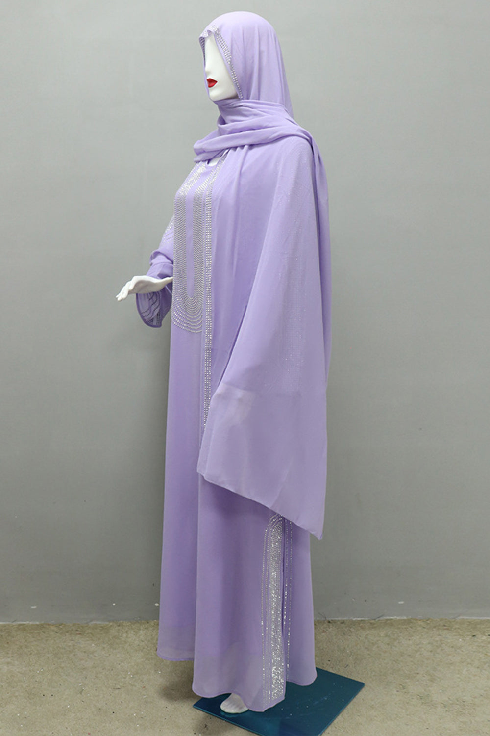 Abaya perlé à manches longues gris violet avec écharpe