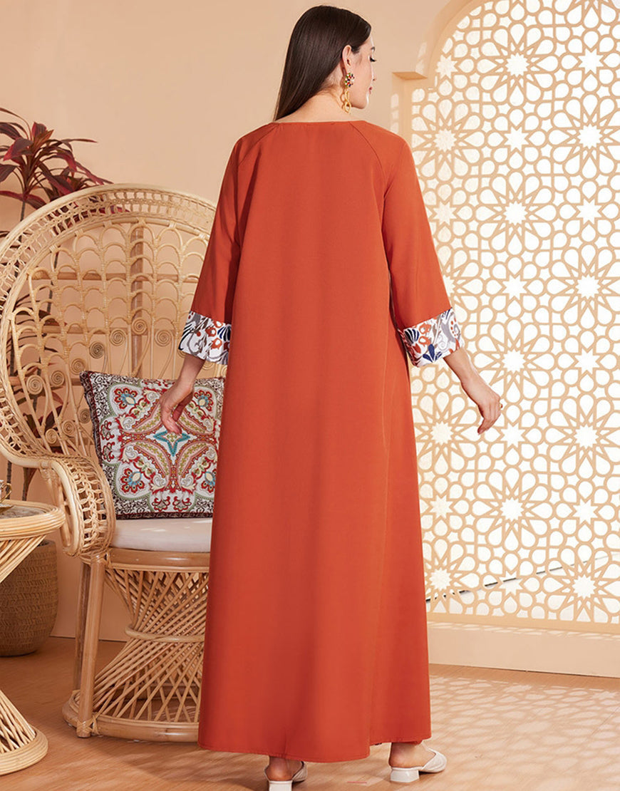 Abaya simple imprimé orange à manches longues