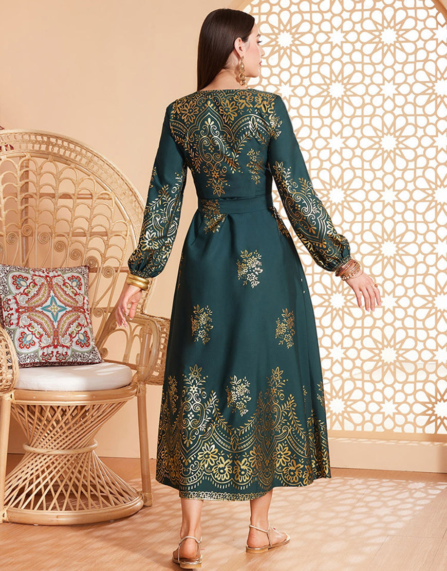 ceinturée à imprimé floral vert foncé caftan Abaya