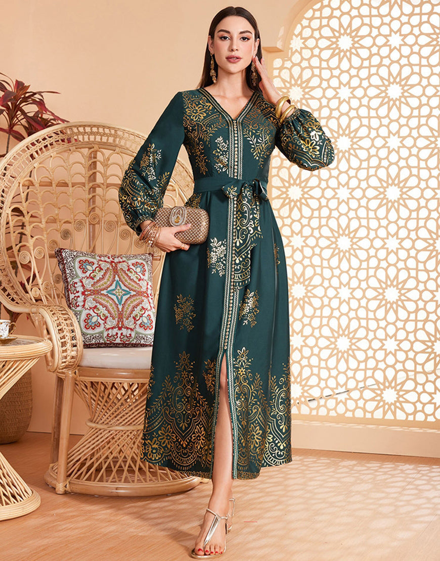 ceinturée à imprimé floral vert foncé caftan Abaya