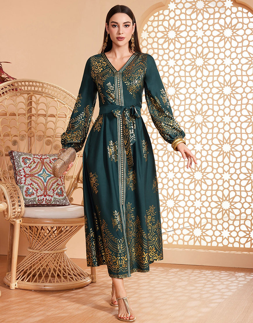 ceinturée à imprimé floral vert foncé caftan Abaya