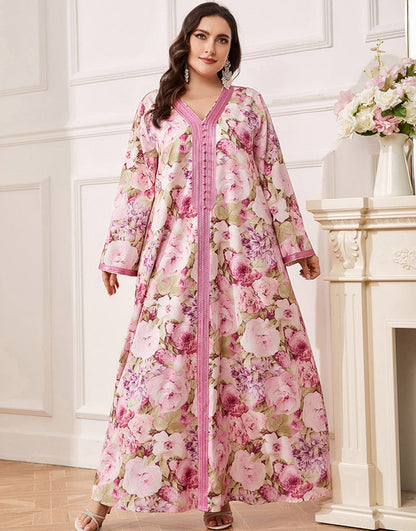 caftan Abaya grande taille à fleurs Rose Pin avec ceinture