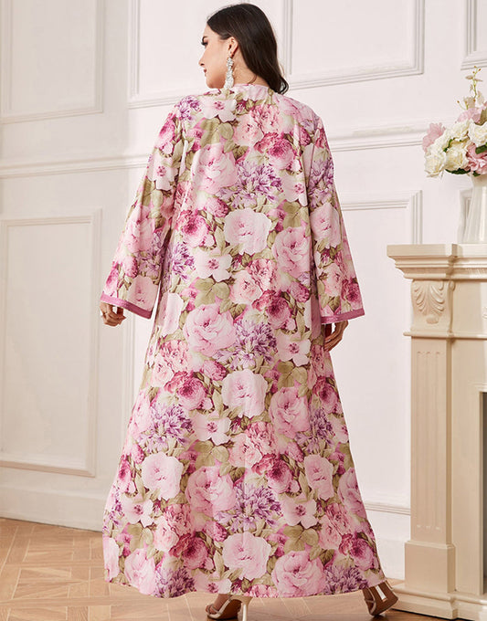 caftan Abaya grande taille à fleurs Rose Pin avec ceinture