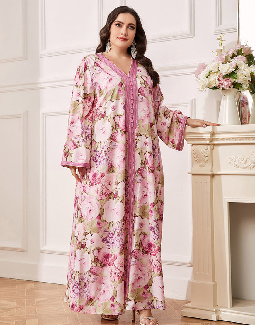 caftan Abaya grande taille à fleurs Rose Pin avec ceinture