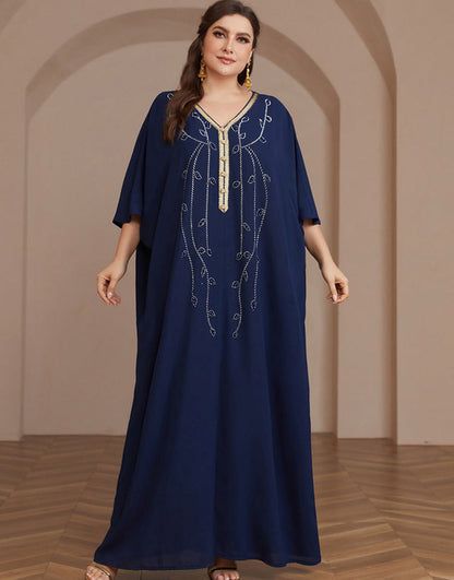 caftan Abaya à manches longues et perles bleu marine