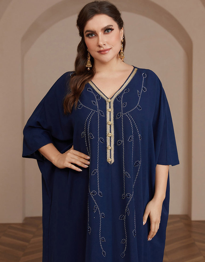 caftan Abaya à manches longues et perles bleu marine