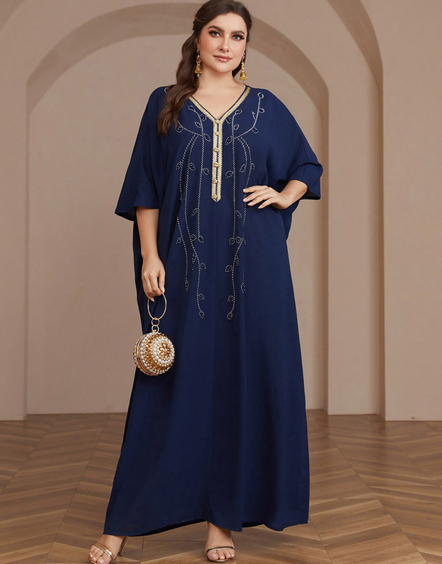 caftan Abaya à manches longues et perles bleu marine