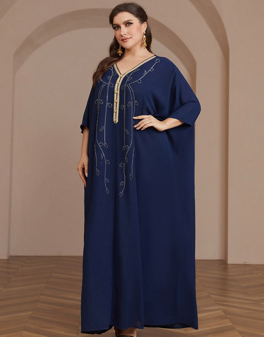 caftan Abaya à manches longues et perles bleu marine