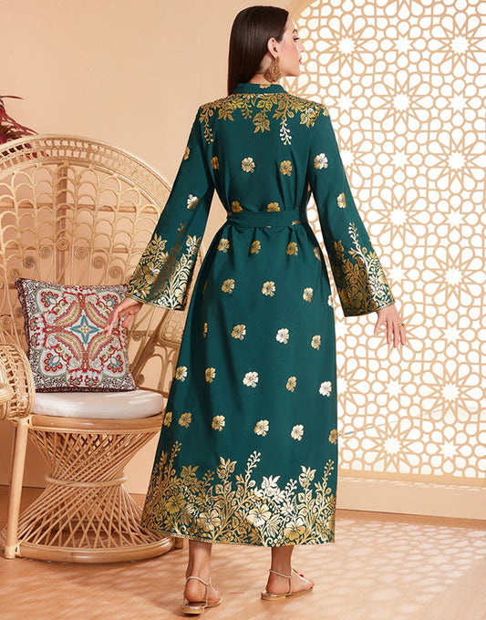 marocain Abaya à col en V perlé vert foncé