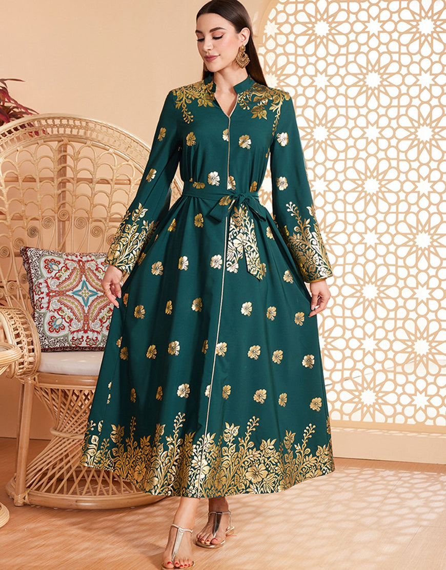 marocain Abaya à col en V perlé vert foncé