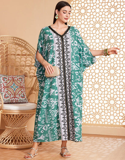 caftan marocaine Abaya d'été florale verte