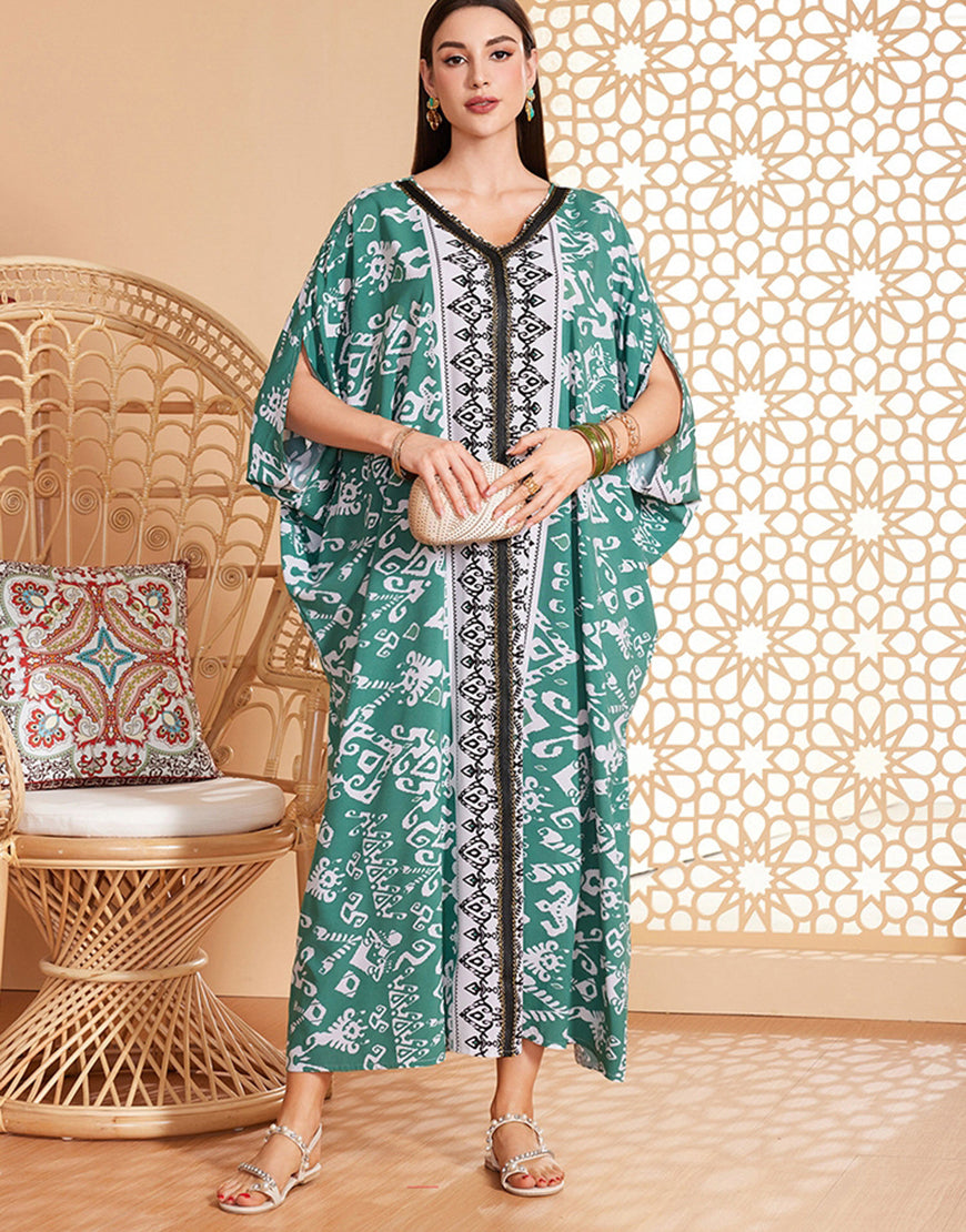 caftan marocaine Abaya d'été florale verte