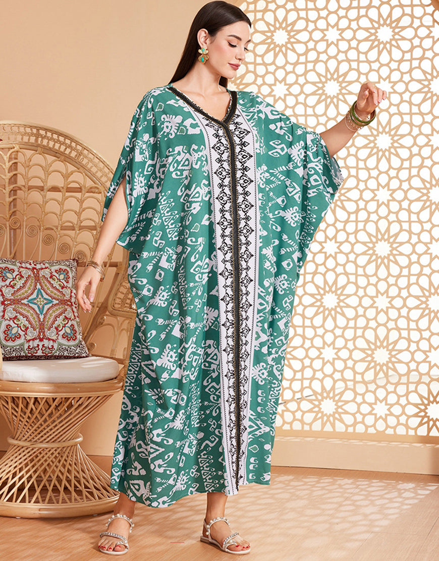 caftan marocaine Abaya d'été florale verte